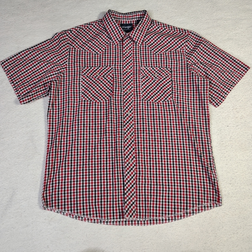 VINTAGE Wrangler Shirt Mens XL Gingham Plaid Short Sleeve Pear Snap Western‎